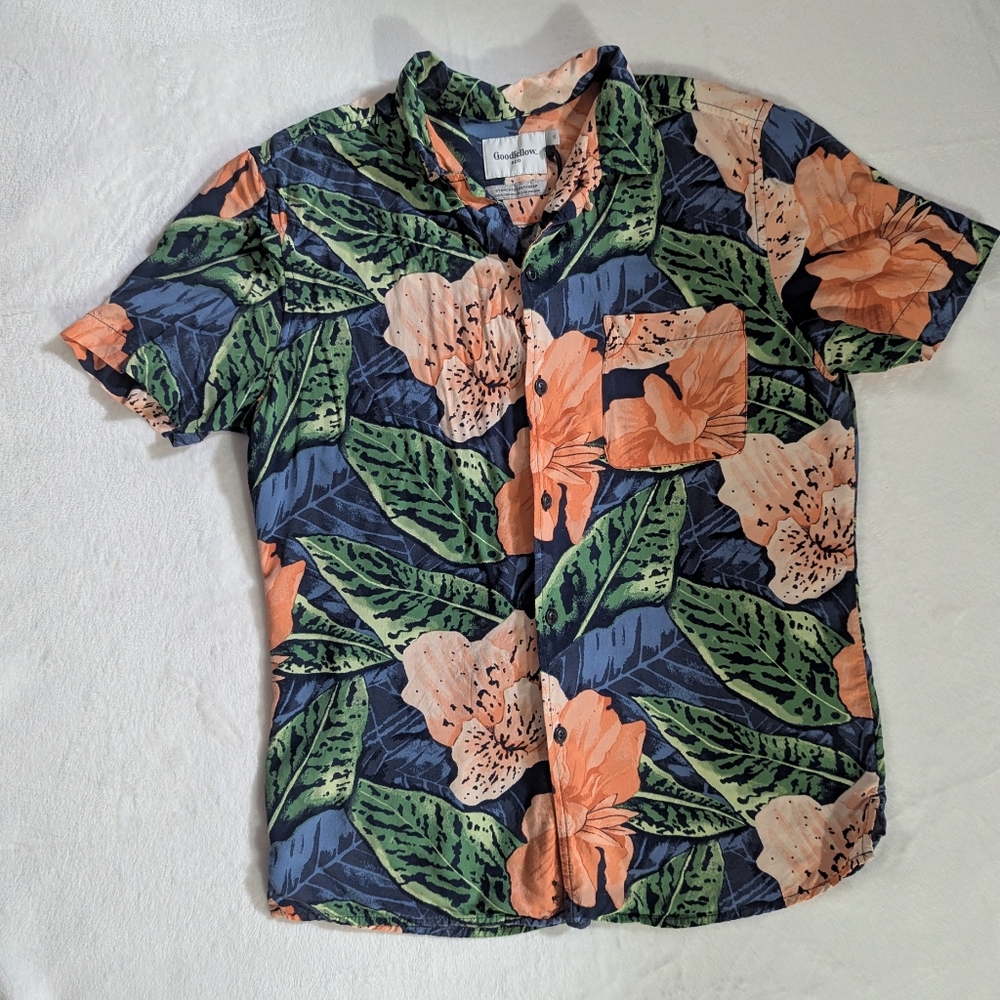 Good Fellow Hawaiian Floral Print Men's Shirt - Blue and Orange, Size Small